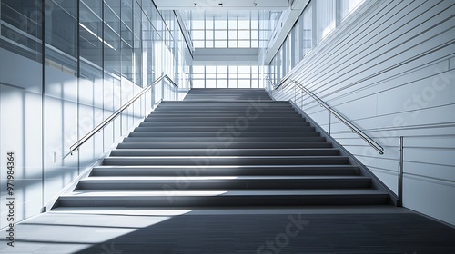 Peaceful staircase inside a modern structure, absent of pedestrians.