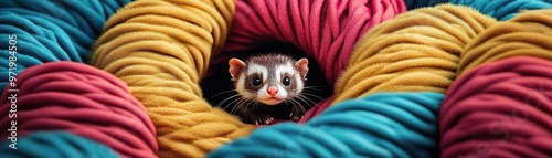 Tilted angle view of an energetic ferret tunneling through a plush maze of multicolored tubes