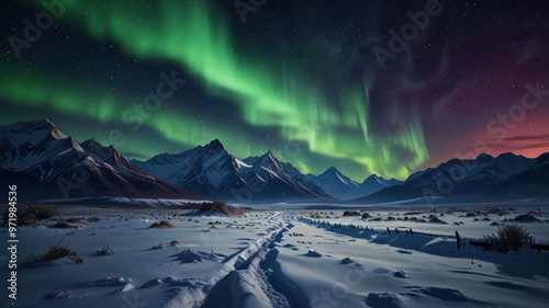 A realistic illustration of the natural phenomenon of the aurora in the night sky around the North Pole and South Pole photo