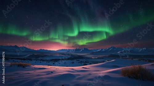 A realistic illustration of the natural phenomenon of the aurora in the night sky around the North Pole and South Pole photo