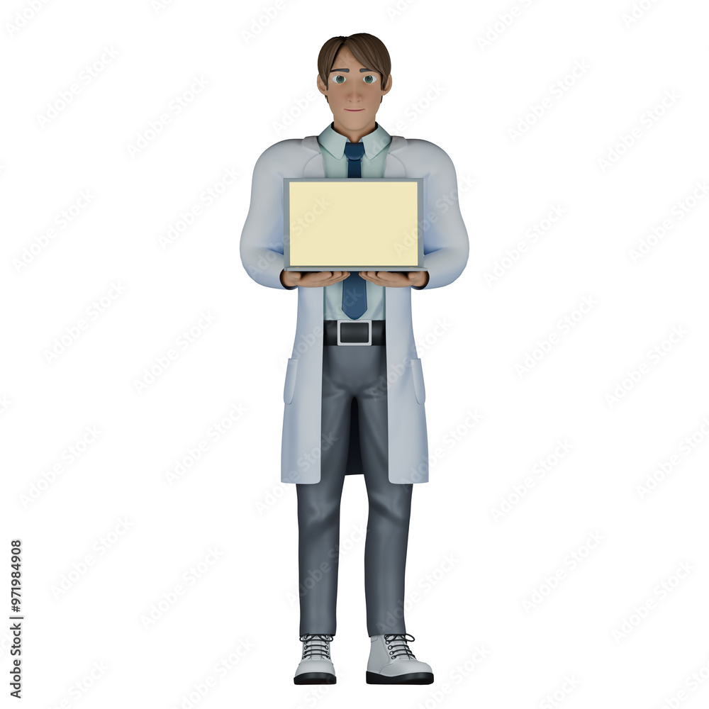 Healthcare Service Provider 3D. A male doctor stands with both hands holding a laptop that is in front of the chest as if showing the laptop. Male Doctor Cartoon Healthcare Service Provider 3D. A male doctor stands with both hands holding a laptop that is in front of the chest as if showing the laptop. Male Doctor Cartoon
