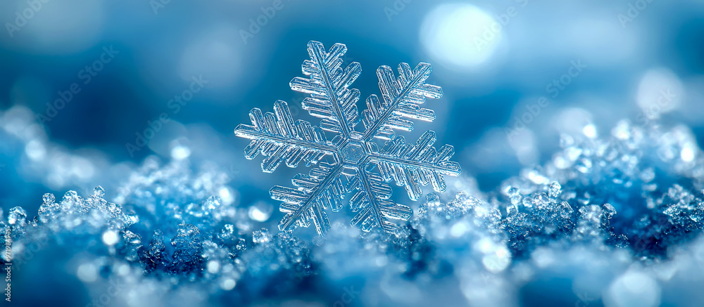 Detailed close-up of a snowflake resting on a bed of snow, showcasing its intricate and unique design Detailed close-up of a snowflake resting on a bed of snow, showcasing its intricate and unique design