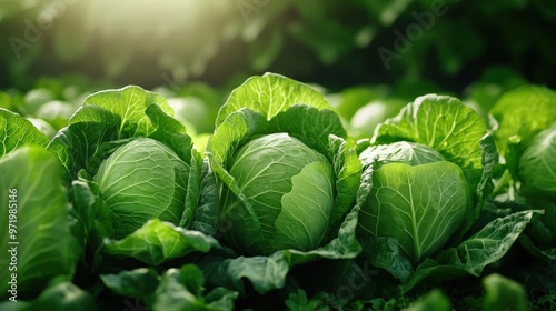 A row of green cabbage heads (Brassica oleracea) in the field, ready for harvesting photo