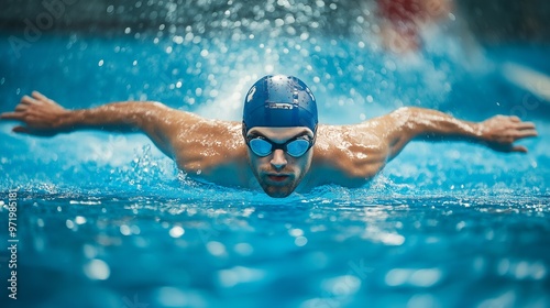 A male swimmer wearing goggles and a swim cap swims the butterfly stroke in a pool.