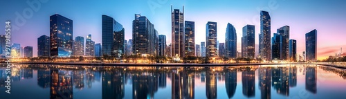 A panoramic view of a modern cityscape at dusk, with tall skyscrapers reflecting in the calm water.