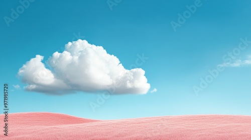 A serene and dreamlike scene of pink hills rolling gently across the horizon under a bright blue sky. A large, fluffy white cloud drifts effortlessly above the landscape, symbolizing peace, tranquilit photo