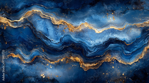 Abstract blue marble texture with gold splashes, blue luxury background 