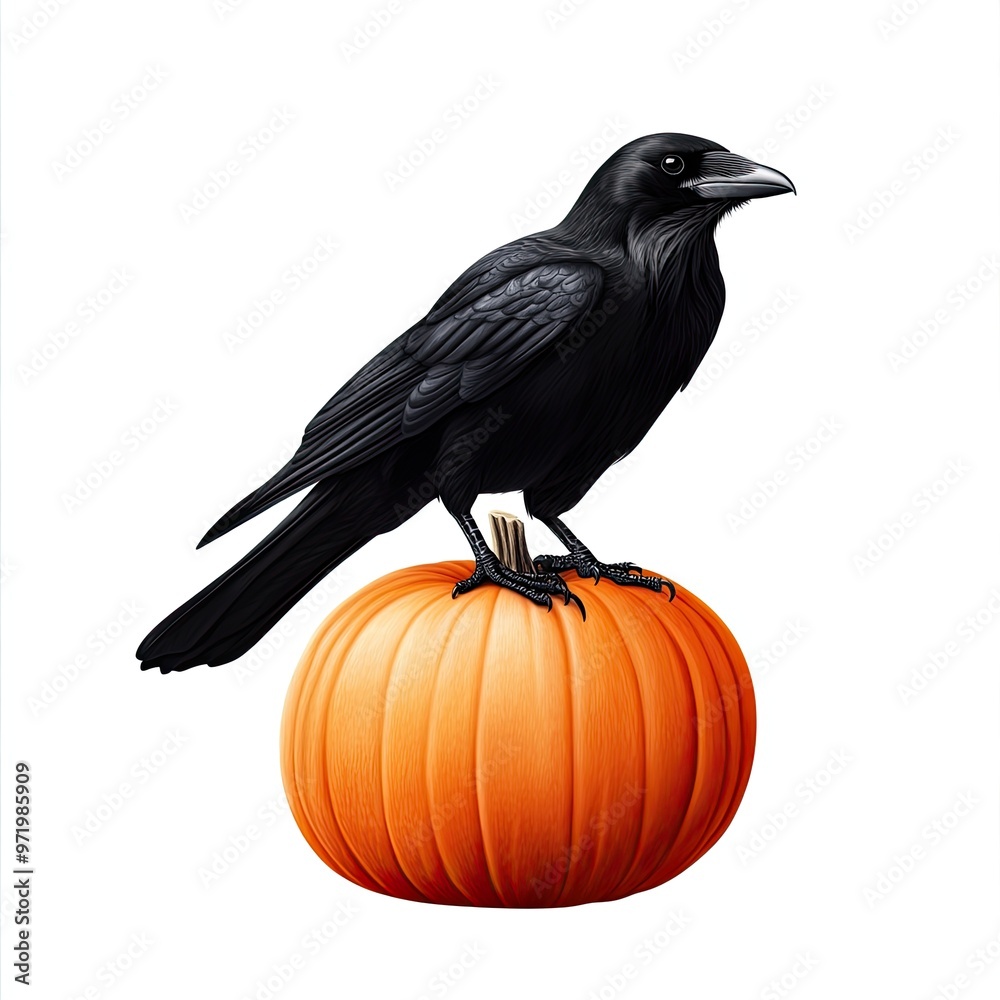 Fototapeta premium A black raven perched on a vibrant orange pumpkin, symbolizing autumn and the Halloween season.