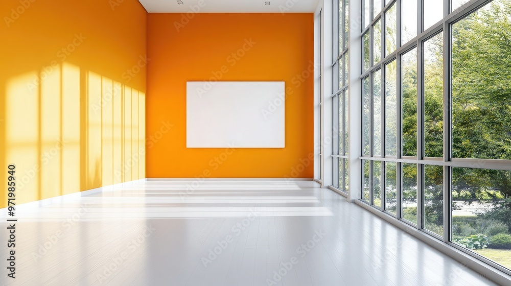 Obraz premium Bright modern interior with an orange wall and large windows, inviting natural light and creativity into the spacious area.