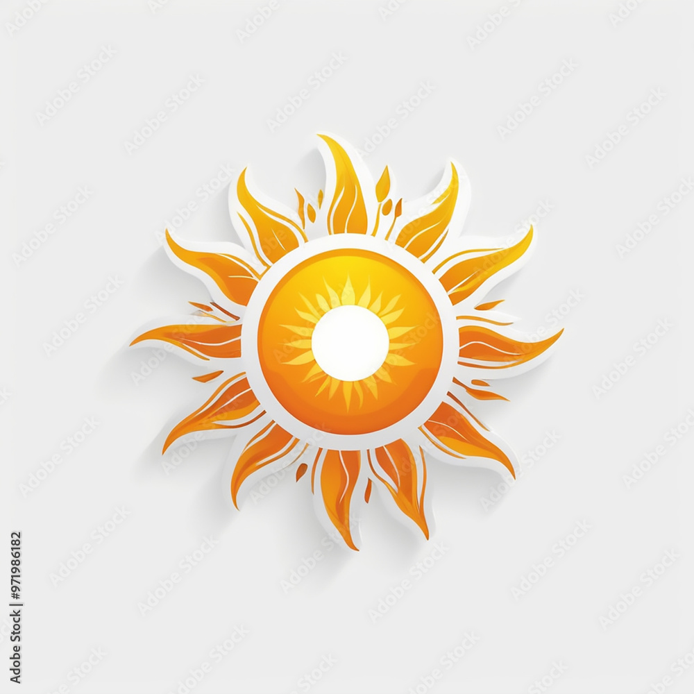Fototapeta premium Bright Yellow Sun with Orange Rays on a Crisp White Background