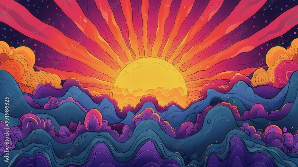 Illustrate a ‘70s music festival poster, incorporating psychedelic patterns, bold colors, and iconic imagery Illustrate a ‘70s music festival poster, incorporating psychedelic patterns, bold colors, and iconic imagery