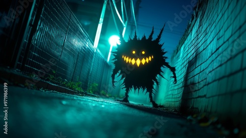 A shadowy figure with glowing yellow eyes and teeth stands in a dark alleyway, creating a sense of fear and mystery. The figure represents the unknown, the darkness within, and the potential for dange photo