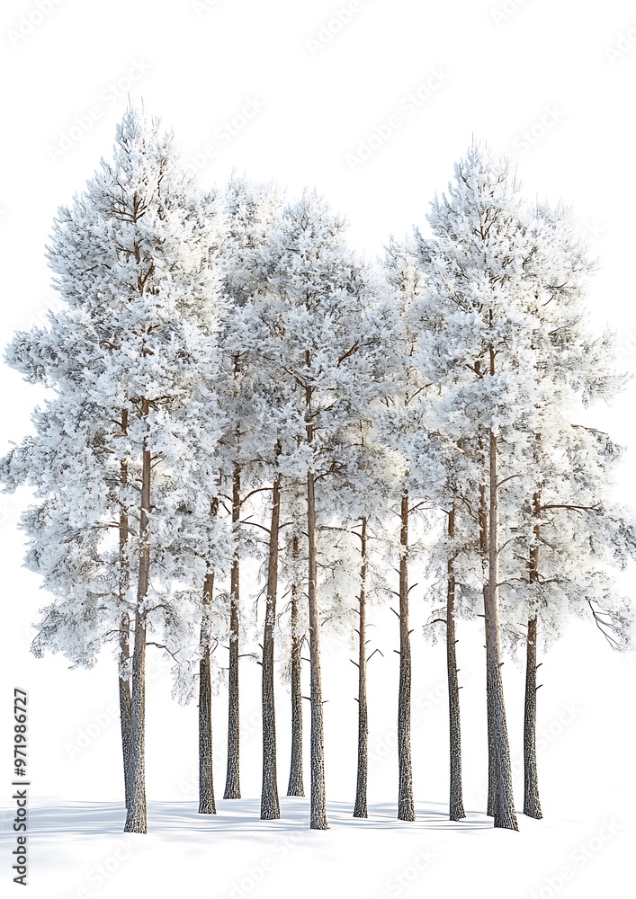A cluster of snow-covered trees standing together in a quiet winter scene. The white background allows for clear text or branding above the treetops A cluster of snow-covered trees standing together in a quiet winter scene. The white background allows for clear text or branding above the treetops