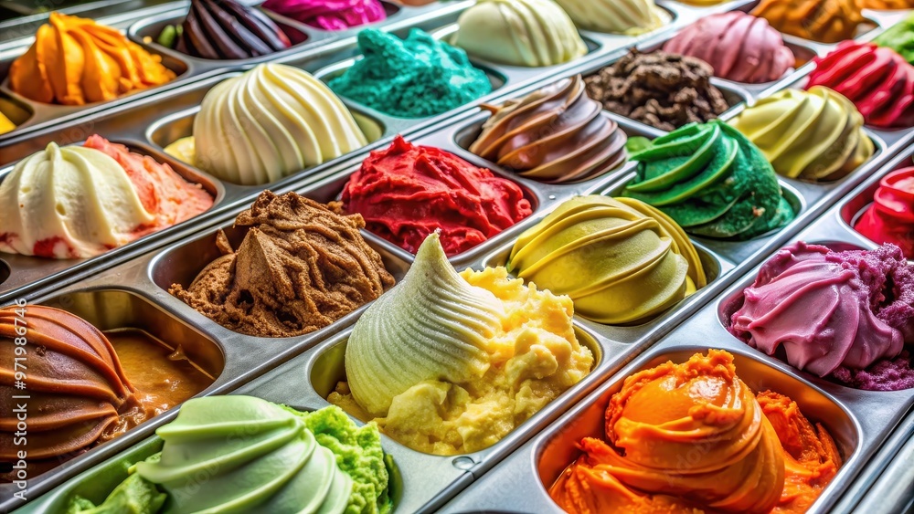 Fototapeta premium Close up of a variety of colorful gelato flavors on display, gelato, dessert, ice cream, sweet, indulgence, frozen treat