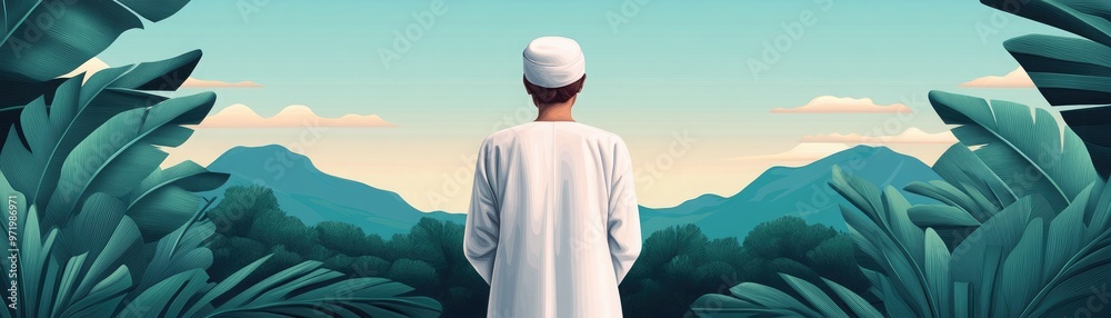 A serene landscape view with a person overlooking mountains, surrounded by lush foliage and a tranquil sky. A serene landscape view with a person overlooking mountains, surrounded by lush foliage and a tranquil sky.