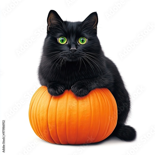 A cute black cat with green eyes sitting on a bright orange pumpkin, perfect for fall and Halloween themes. photo