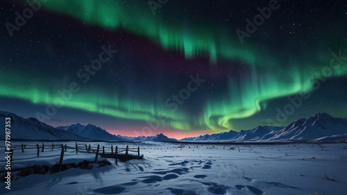 A realistic illustration of the natural phenomenon of the aurora in the night sky around the North Pole and South Pole photo