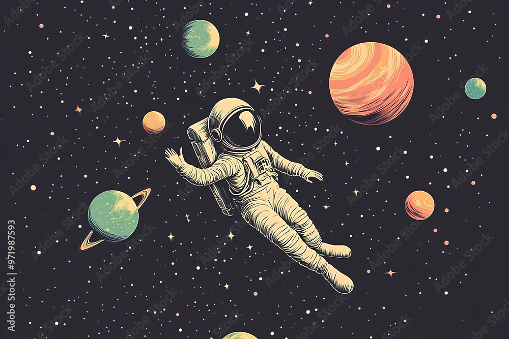 Naklejka premium An astronaut floats in space surrounded by colorful planets and stars.