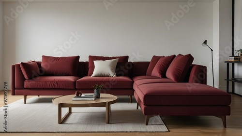 red maroon L-shaped sofa against a bright white backdrop, surrounded by light wood flooring in a modern
