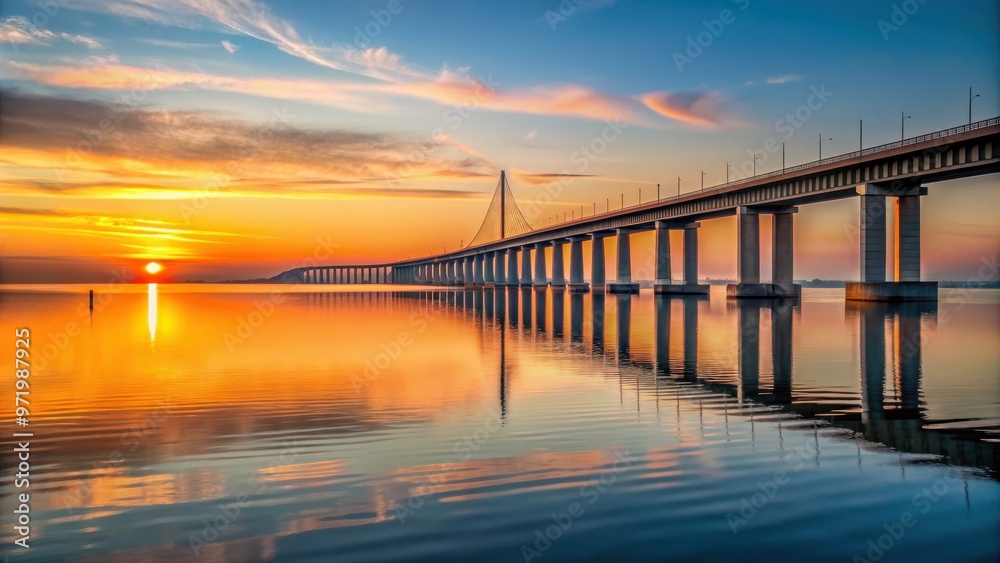 Oresunds Bridge at sunset reflecting on water, bridge, sunset, Oresunds, Sweden, Denmark, architecture, engineering Oresunds Bridge at sunset reflecting on water, bridge, sunset, Oresunds, Sweden, Denmark, architecture, engineering