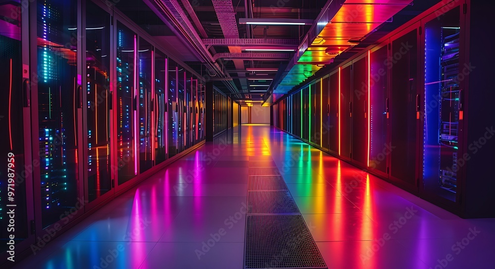 Fototapeta premium A building with many windows and a pink light