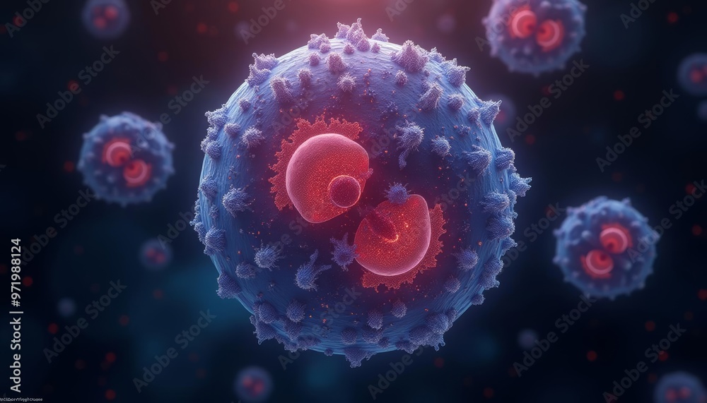 Viral particles in a microscopic view illuminated against a dark background Viral particles in a microscopic view illuminated against a dark background