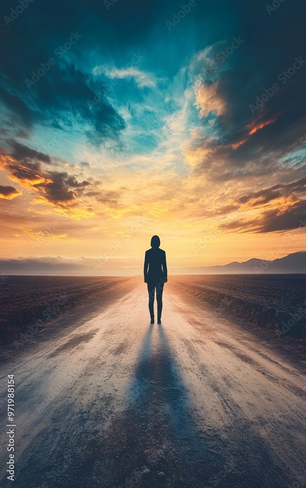 Person standing at a crossroads, deciding which path to take for a new beginning Person standing at a crossroads, deciding which path to take for a new beginning