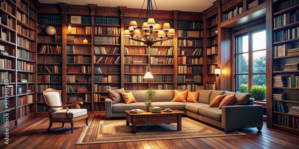 Cozy library room filled with books, bookshelves, reading nook, cozy, comfortable, study, literature, education Cozy library room filled with books, bookshelves, reading nook, cozy, comfortable, study, literature, education