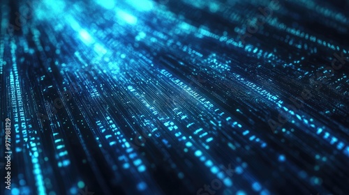 Abstract digital data stream with blue glowing lines and particles.