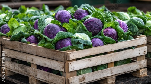 A crate of fresh cabbages (Brassica oleracea), with bright purple leaves florets ready for market sale photo