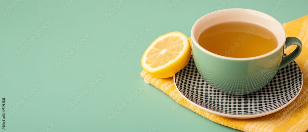 Cup of green tea with a lemon wedge on the side, rich in antioxidants, brain-stimulating beverage Cup of green tea with a lemon wedge on the side, rich in antioxidants, brain-stimulating beverage