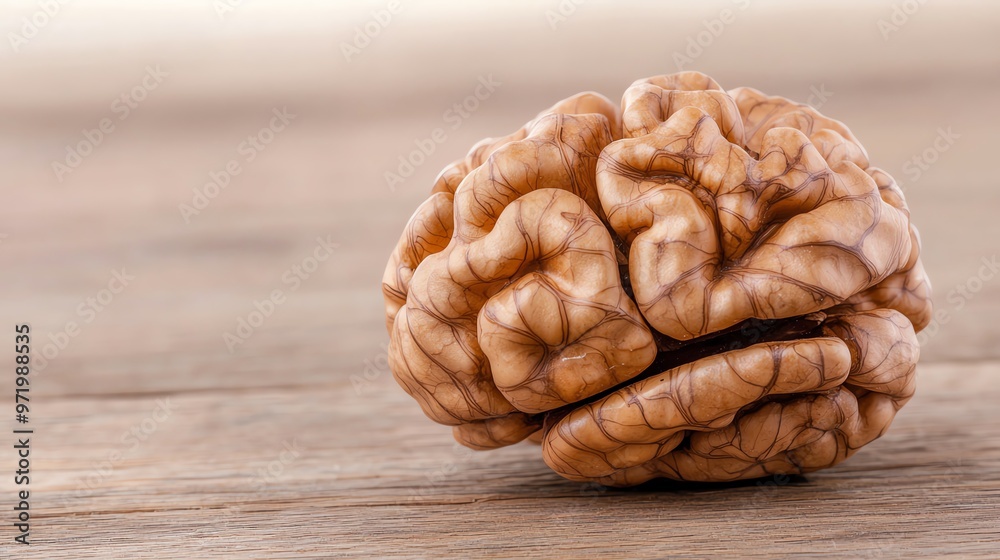 Close-up of walnuts shaped like a brain on a rustic wooden table, natural brain food, symbolic imagery Close-up of walnuts shaped like a brain on a rustic wooden table, natural brain food, symbolic imagery