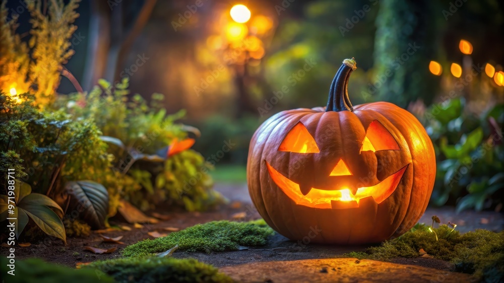 Jack o lantern glowing in a garden at night during Halloween, Pumpkin, carving, spooky, illuminated, autumn, decoration, festive, lantern