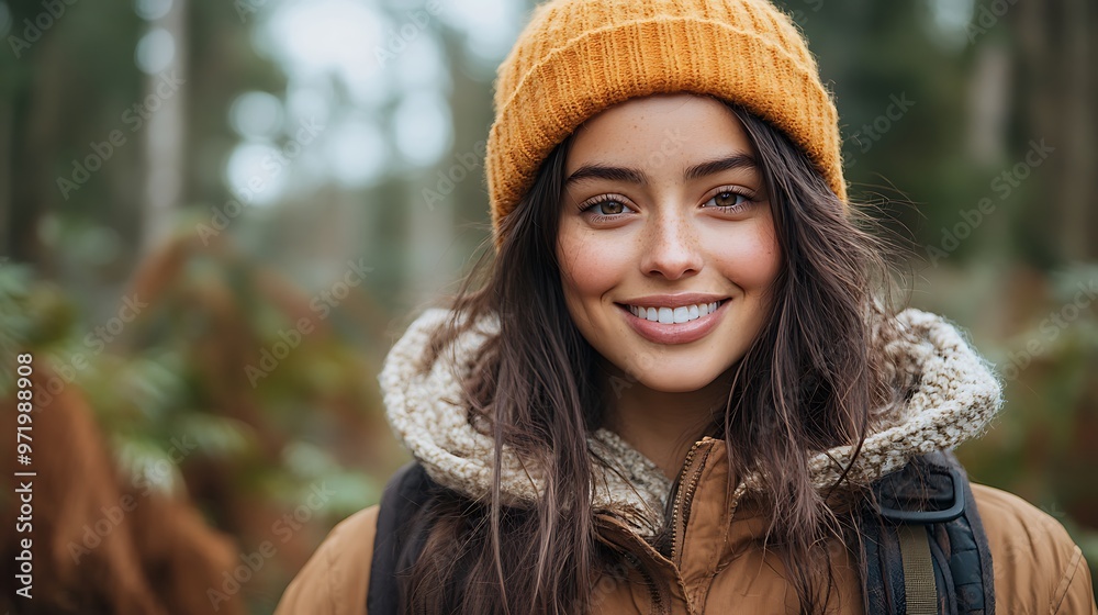 Young woman smiling in a forest, wearing a beanie hat. Young woman smiling in a forest, wearing a beanie hat.
