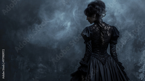 Gothic Victorian Attire, a dark, Victorian-inspired gown with lace and corsets, perfect for a spooky Halloween ball, Halloween, with copy space