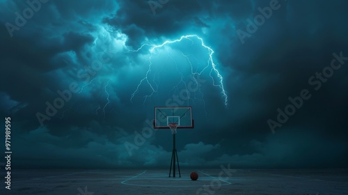 A striking visual of a basketball hoop set against a turbulent storm with lightning, symbolizing resilience, challenge, isolation, creativity, and intensity.