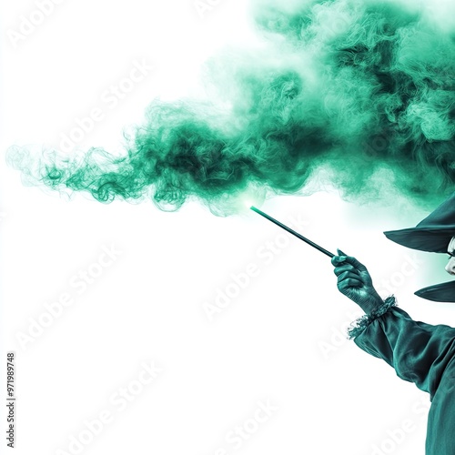 A mysterious figure conjuring green smoke with a wand, embodying the magic and enchantment of a fantastical realm. photo