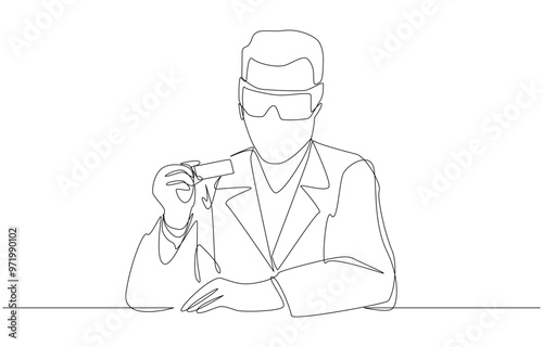 Continuous one line drawing of scientist holding and looking at glass microscope slide, laboratory and thin section preparation concept, single line art.