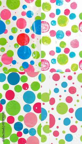 hot pink, lime green, strong blue] dots, white background --no black,white,purple