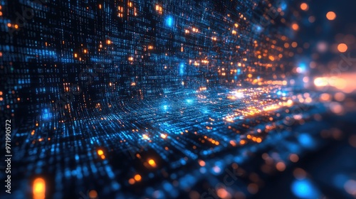 Wallpaper Mural Abstract digital background with glowing blue and orange lines and dots representing data flow, code, or network connections. Torontodigital.ca