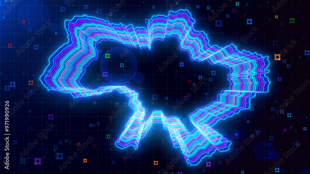 Φωτογραφία A vibrant digital artwork of Ukraine map outlined with neon lines, set against a futuristic grid background with colorful abstract HUD squares