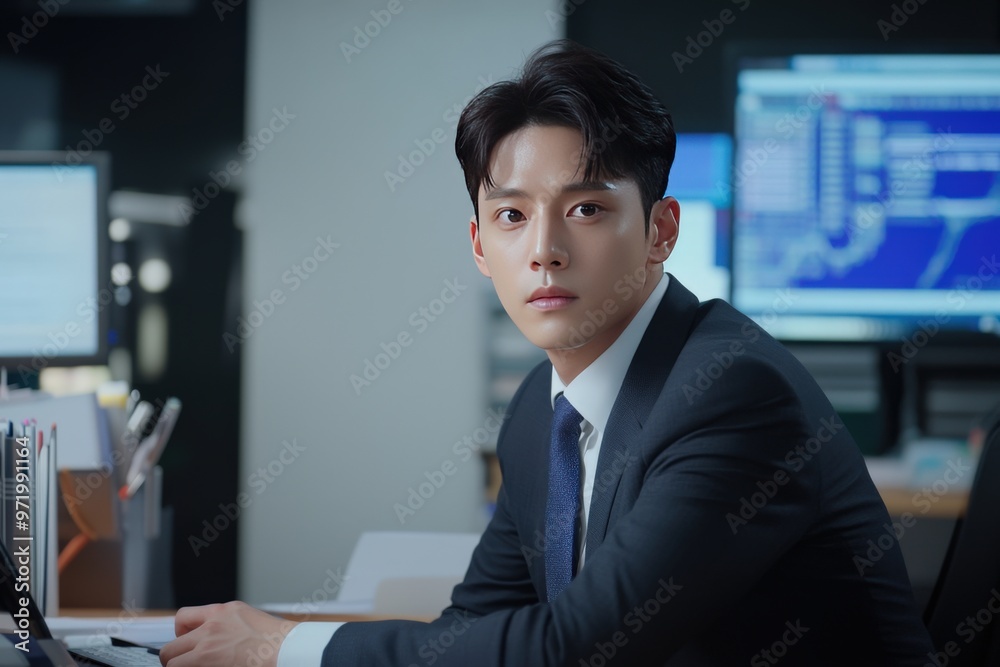 A focused businessman in a modern office, exuding professionalism and determination while analyzing data on his computer. A focused businessman in a modern office, exuding professionalism and determination while analyzing data on his computer.