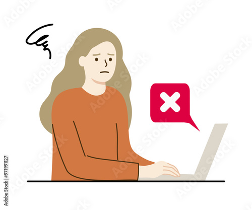 Woman working with laptop with technical error problem. Technology, website maintenance, trouble, internet, failure concept. Flat character vector design illustration.