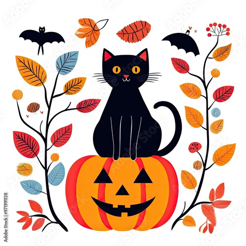 A playful black cat sitting atop a carved pumpkin, surrounded by colorful autumn leaves and spooky bats, perfect for Halloween.