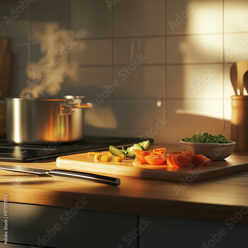 Create a highly cinematic and realistic image of a clean, well-organized kitchen countertop that shows subtle signs of recent cooking activity. The countertop should have a wooden cutting board with n