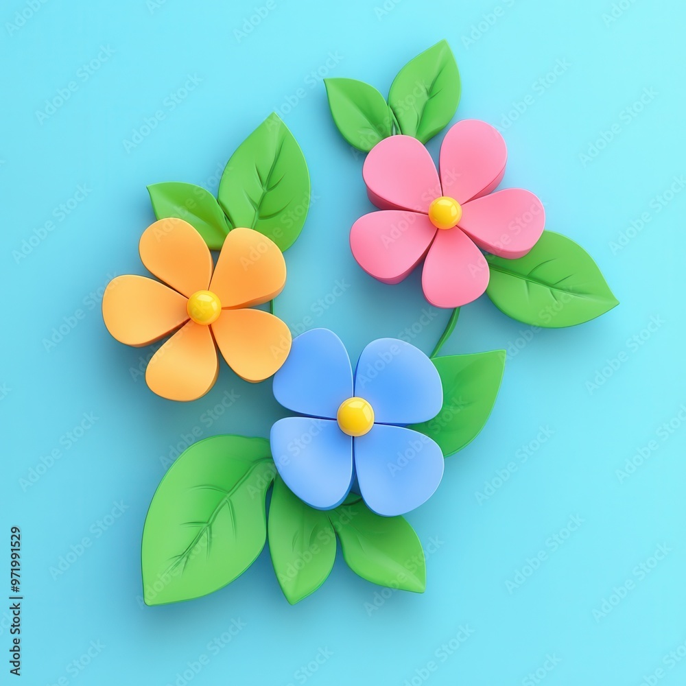 Colorful paper flowers with green leaves on a blue background, creating a vibrant and cheerful design. Colorful paper flowers with green leaves on a blue background, creating a vibrant and cheerful design.