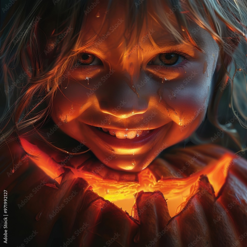 Child with a glowing smile inside a carved pumpkin, illuminating the face and creating a spooky yet joyful Halloween atmosphere. Child with a glowing smile inside a carved pumpkin, illuminating the face and creating a spooky yet joyful Halloween atmosphere.