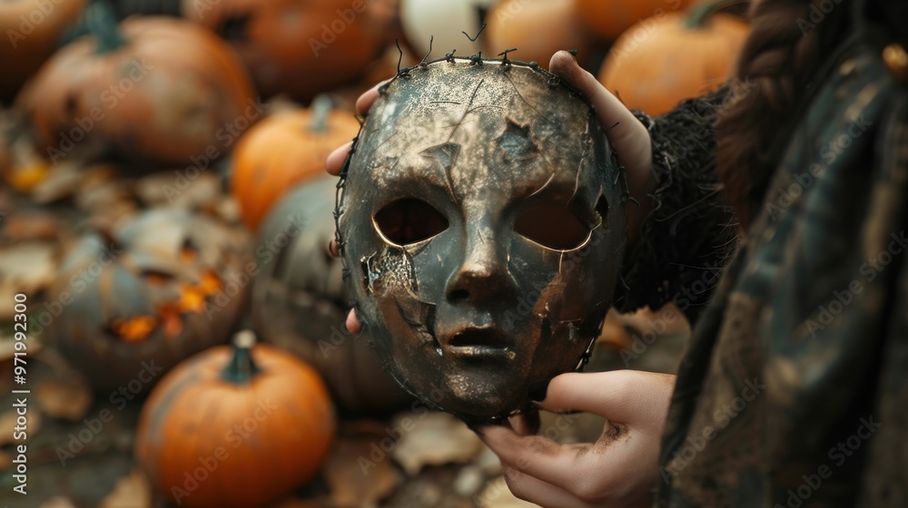 Hands holding a mysterious mask in front of carved pumpkins, evoking an eerie Halloween atmosphere. Hands holding a mysterious mask in front of carved pumpkins, evoking an eerie Halloween atmosphere.