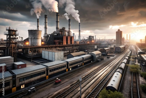 An industrial zone at dawn with warehouses and trains against the city skyline. photo