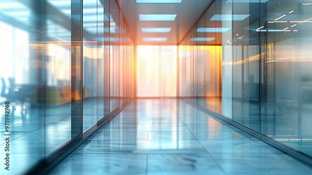 Glass-walled office hallway with bright light at the end Glass-walled office hallway with bright light at the end